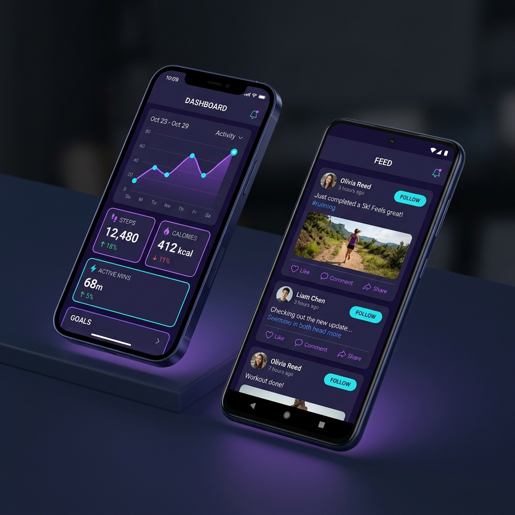 Fitness and social app screens on two phones