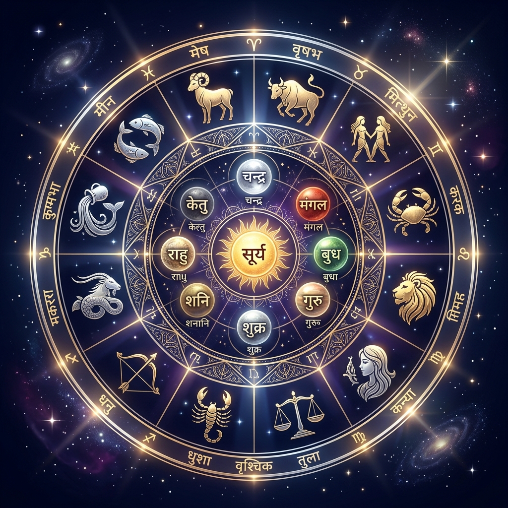 Vedic astrology zodiac wheel with 12 rashi signs and planetary symbols