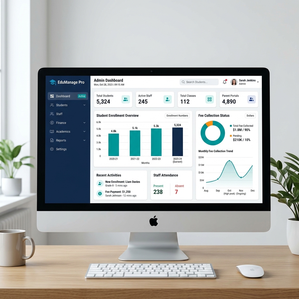 School ERP software dashboard preview showing attendance, fee collection and student management