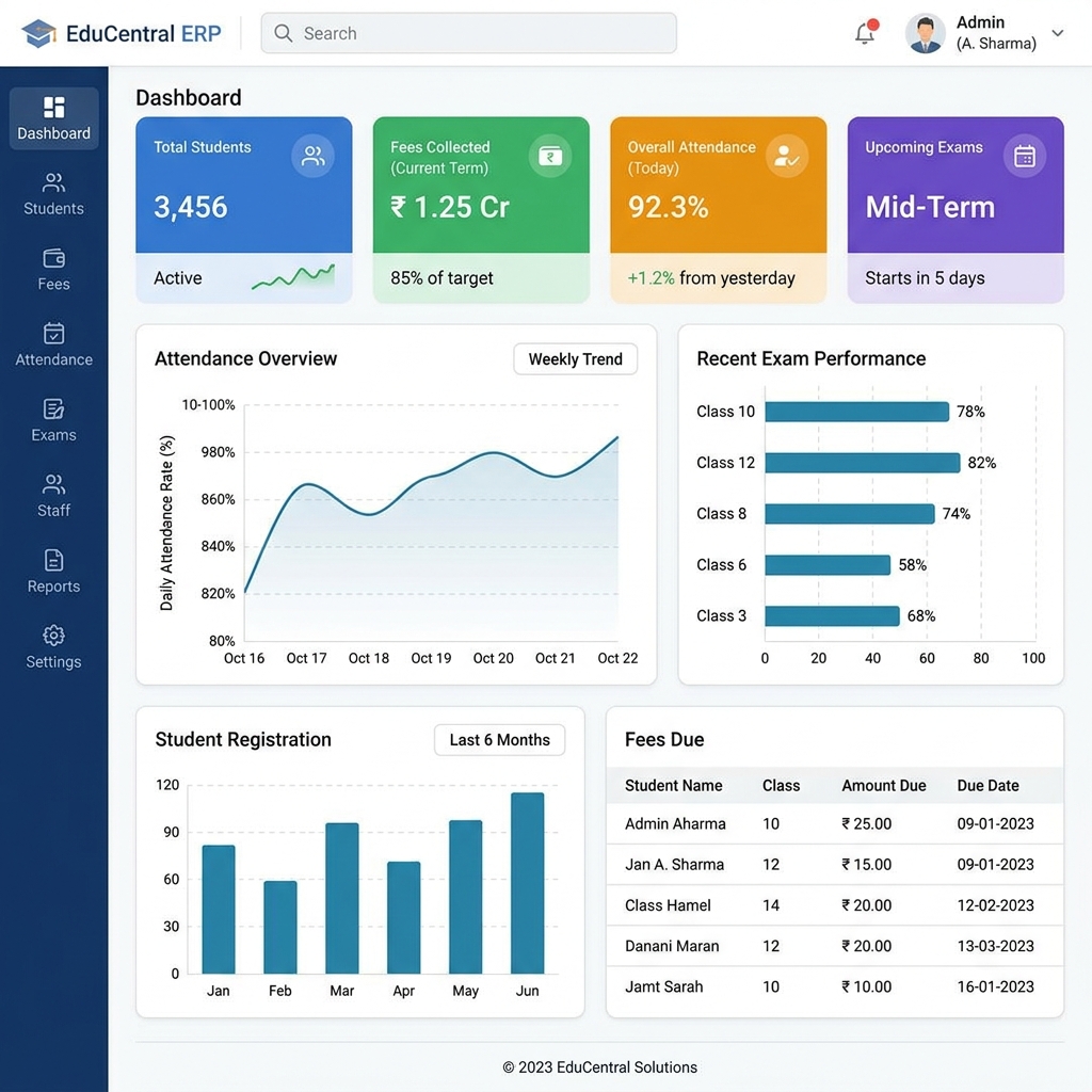 School ERP admin dashboard showing student count, fee collection, attendance and exam overview