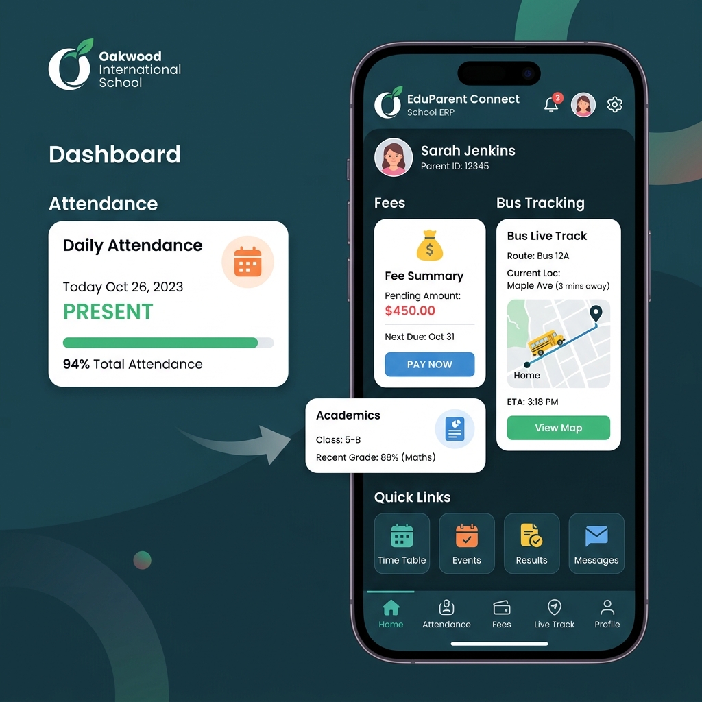 School ERP parent mobile app showing attendance, fees, bus tracking and announcements